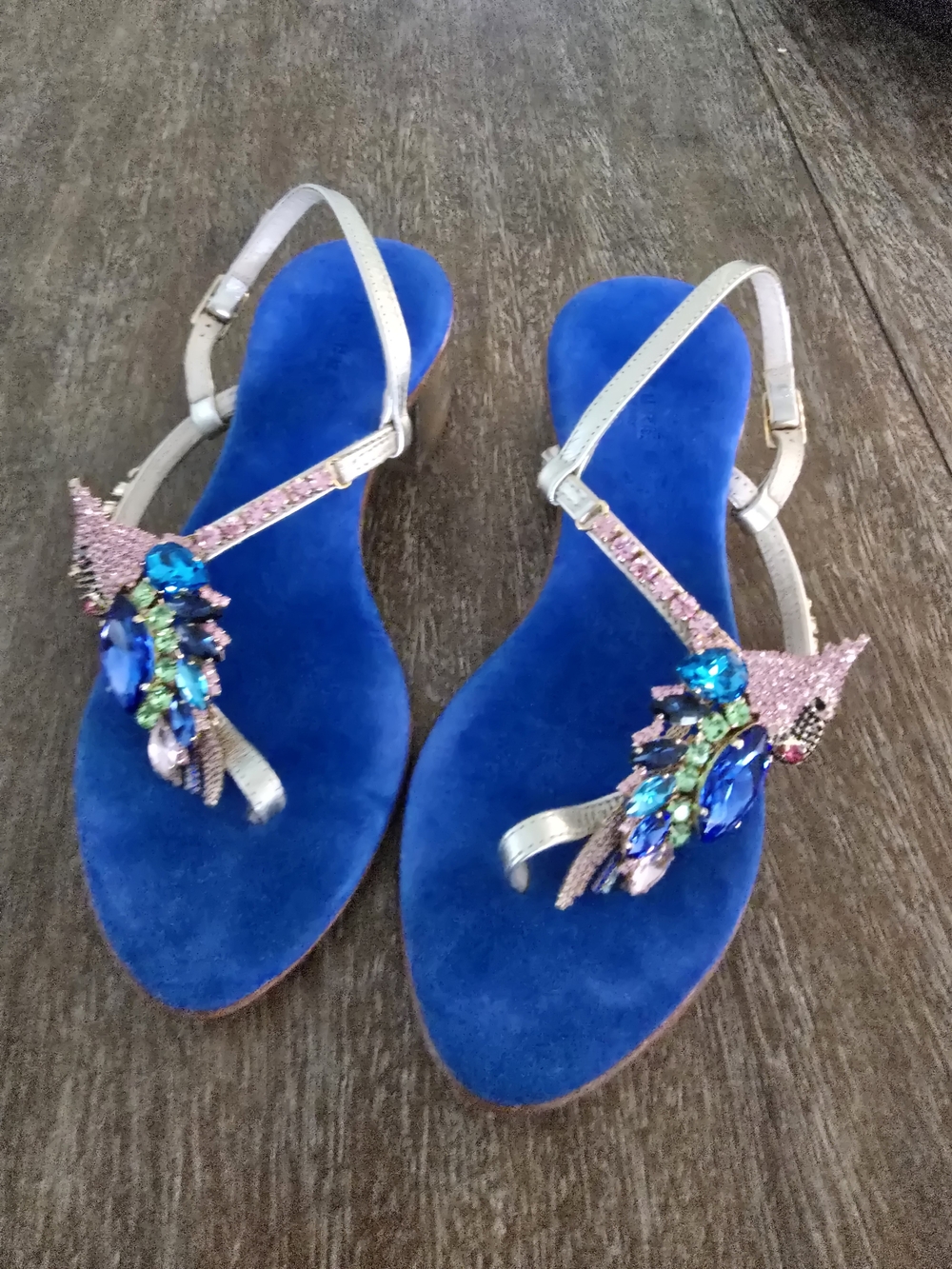 Women’s Blue Jeweled T-Strap Sandals